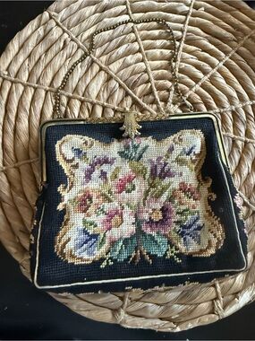 Handbag tapestry handmade JOLLES Austria purse embroidery petit point flowers